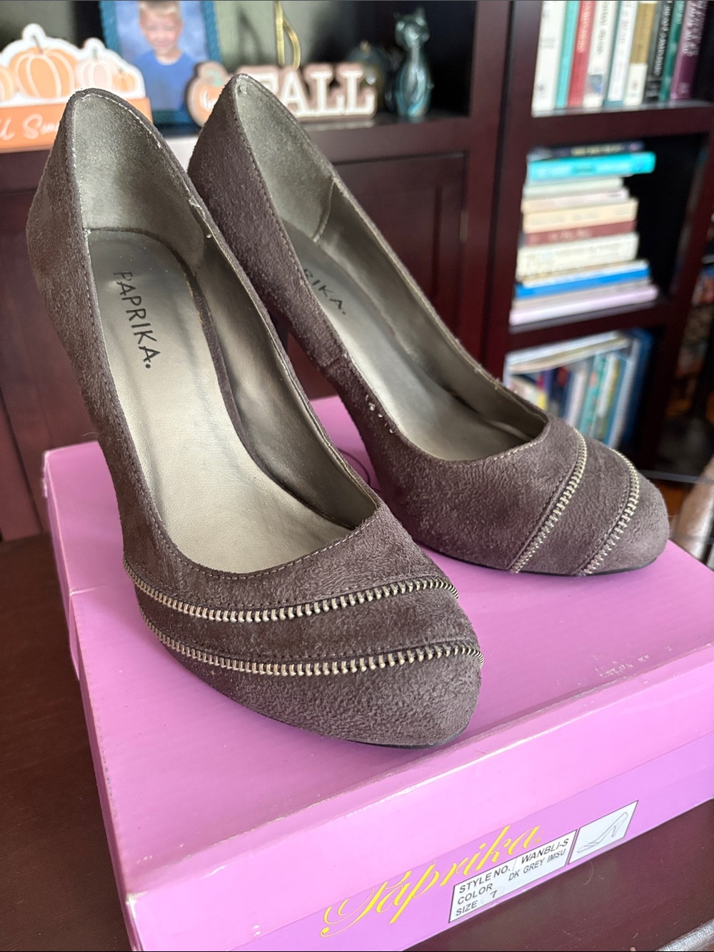 Paprika Dark Gray Suede Pointed Toe Zip-Trim Pumps